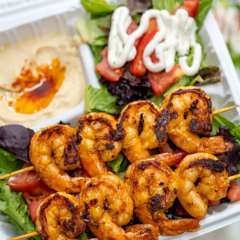Shrimp kebab plate with hummus and salad